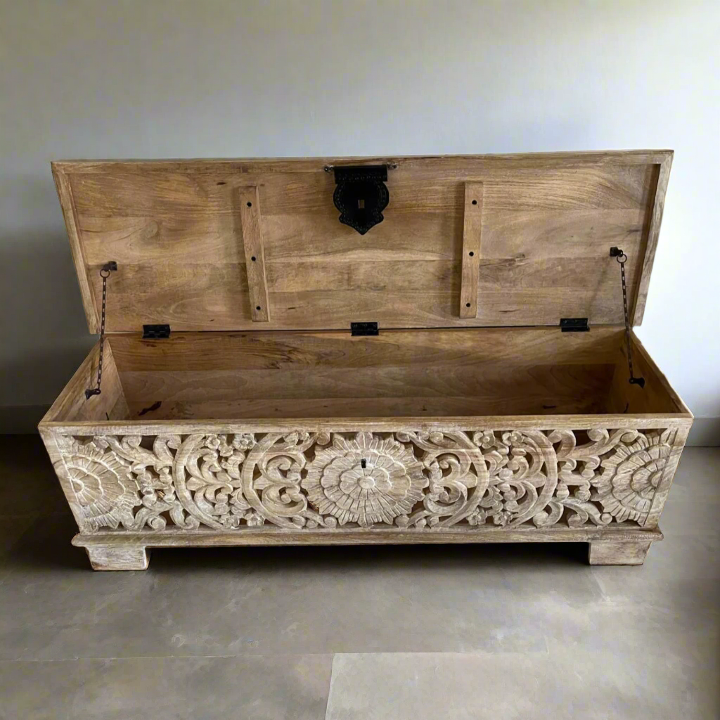 White washed with etched front long blanket style chest lid open