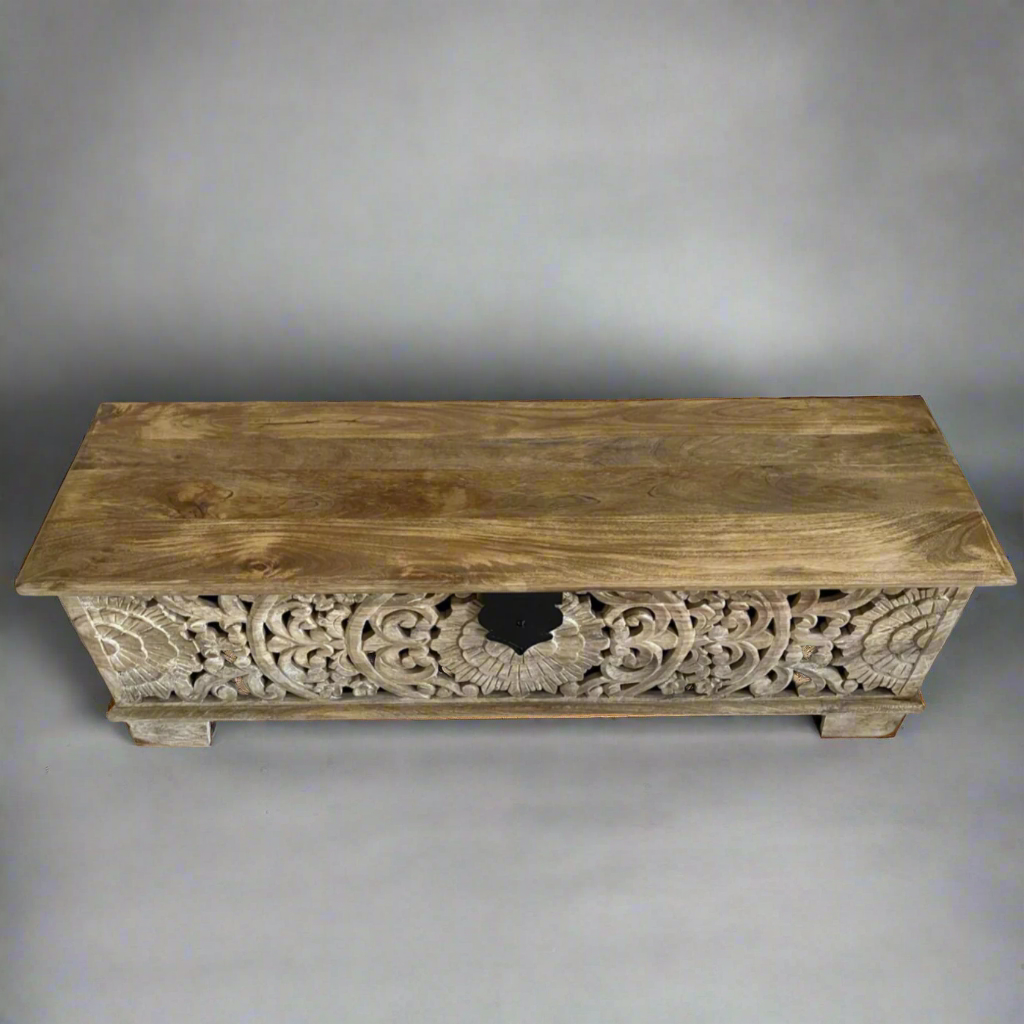 White washed with etched front long blanket style chest looking from above