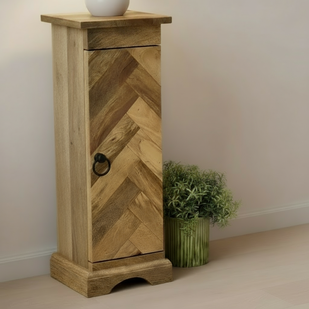 MANT-521 Parquet slim cabinet with 1 door in Mango wood
