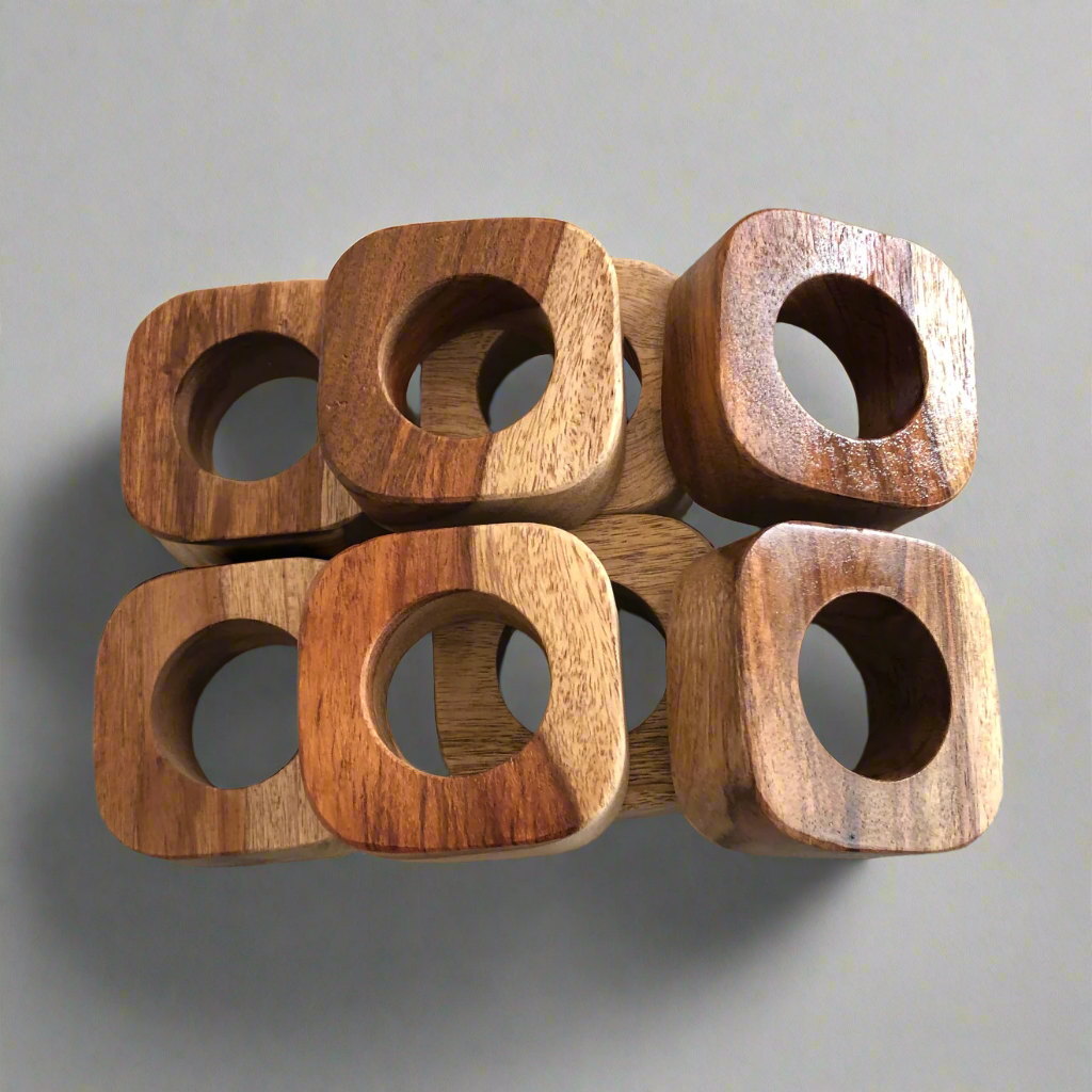 Set of solid Sheesham wood napkin rings. Multiple rings shown.