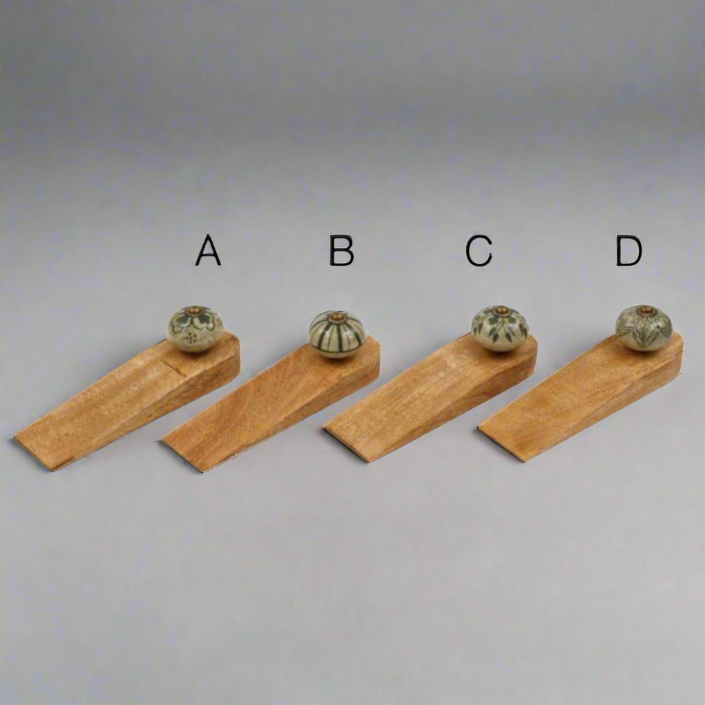Mango wood door stop wedge with ceramic knob (Green variety) - labelled designs
