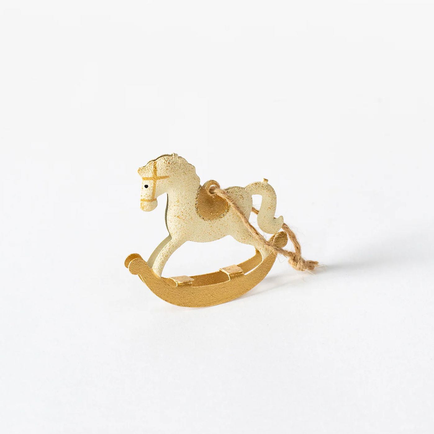 Single rocking horse decoration with wooden base - at an angle
