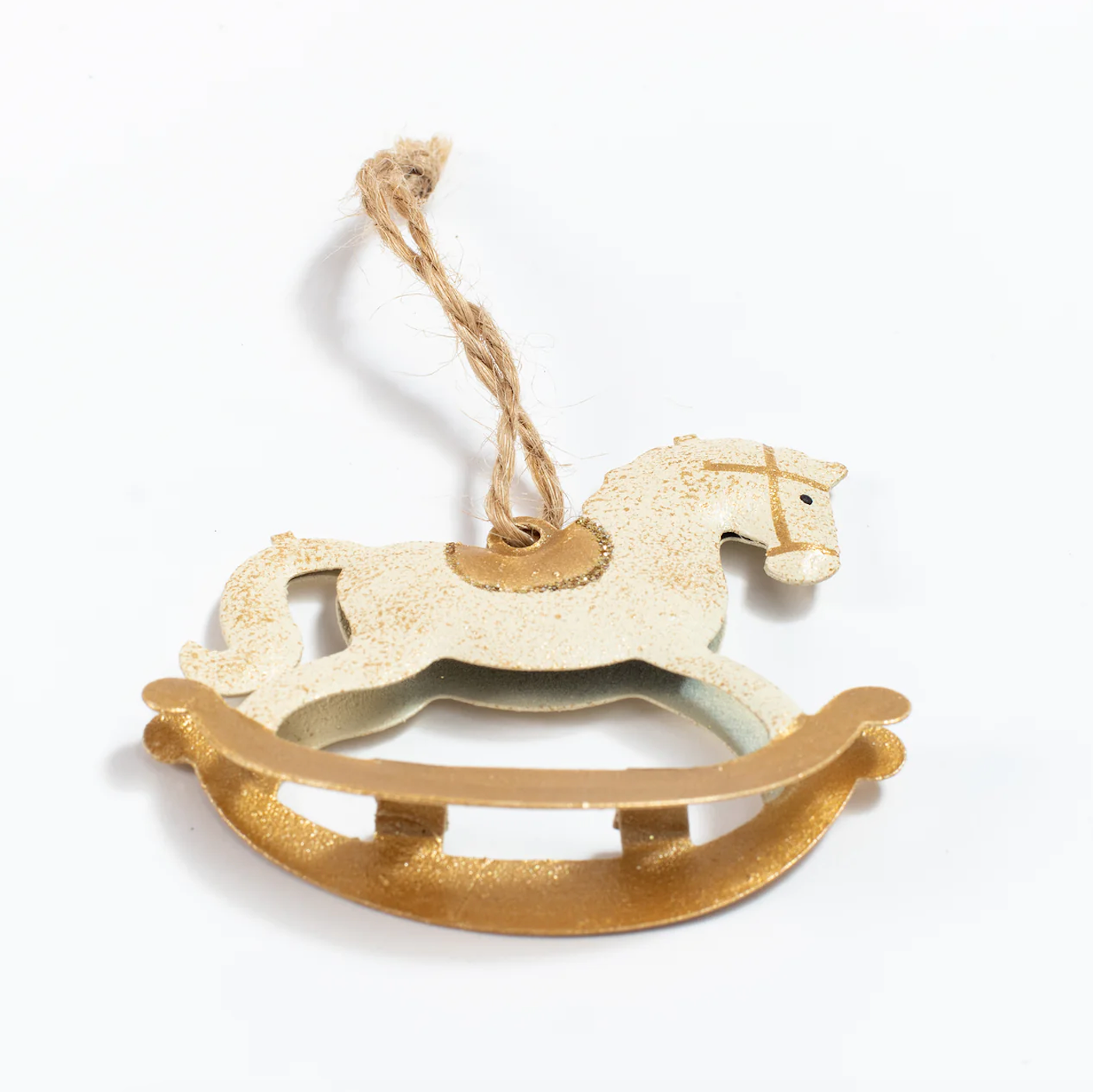 Single rocking horse decoration with wooden base - from underneath.