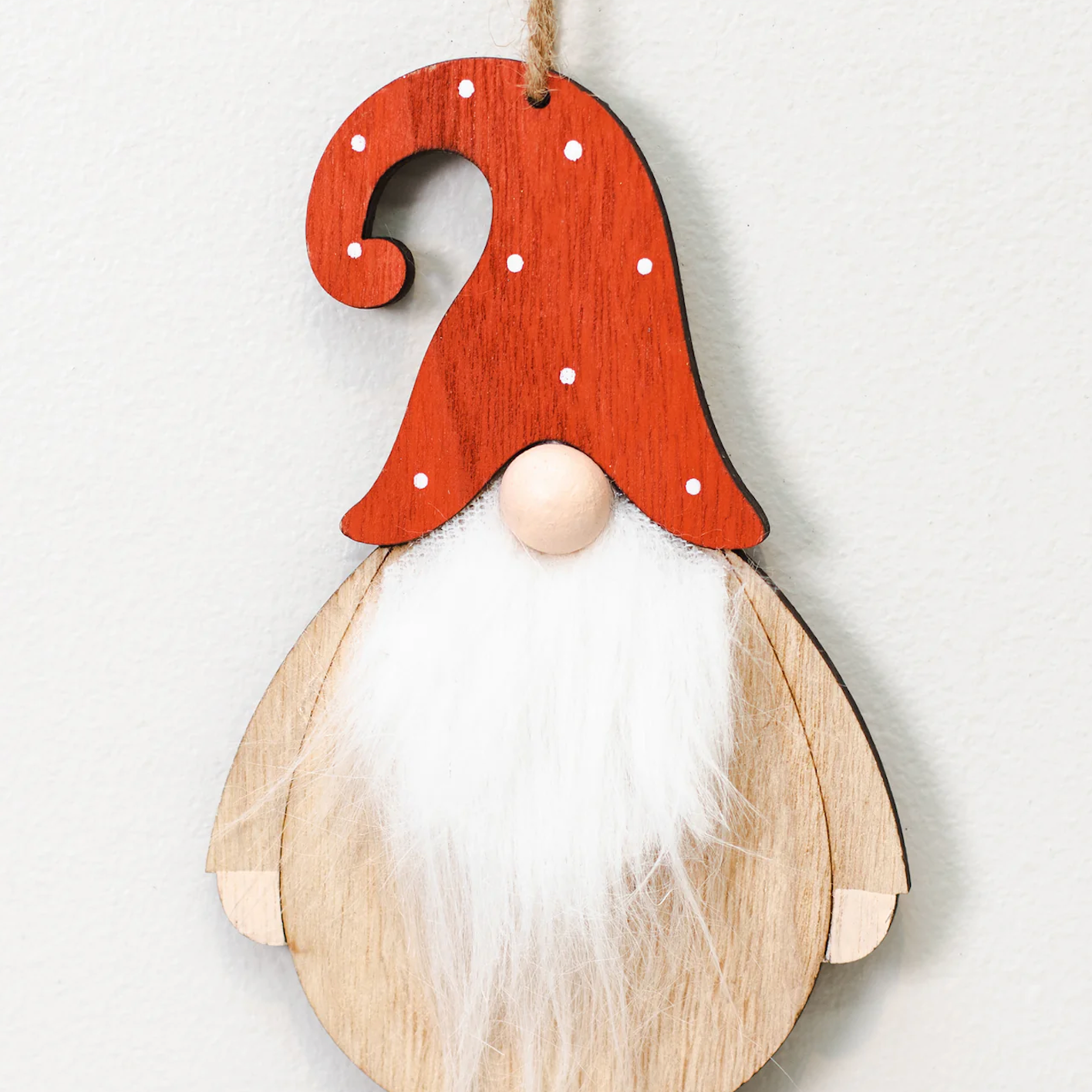 Hanging gnome decoration with focus on hat.