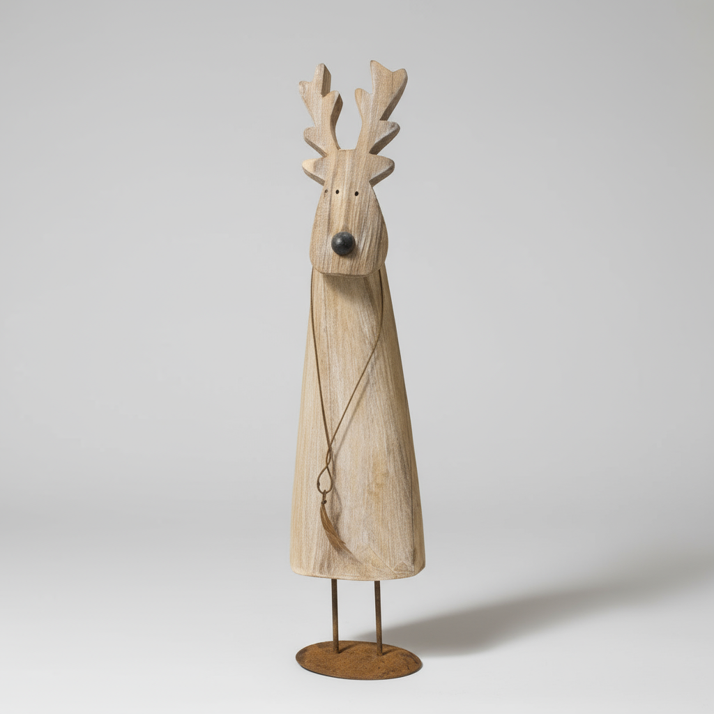 Floor standing reindeer decoration - wood with metal detail. Side on view.