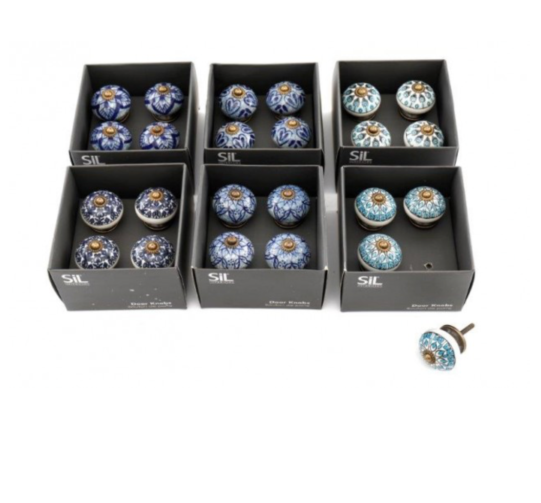 Set of 4 hand painted ceramic knob handles. Multiple patterns boxed.