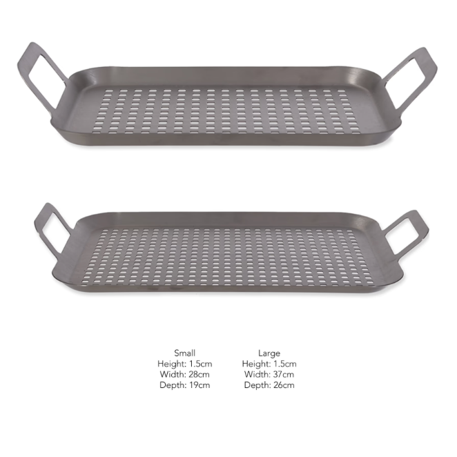 Set of 2 Stainless steel BBQ trays with dimensions.