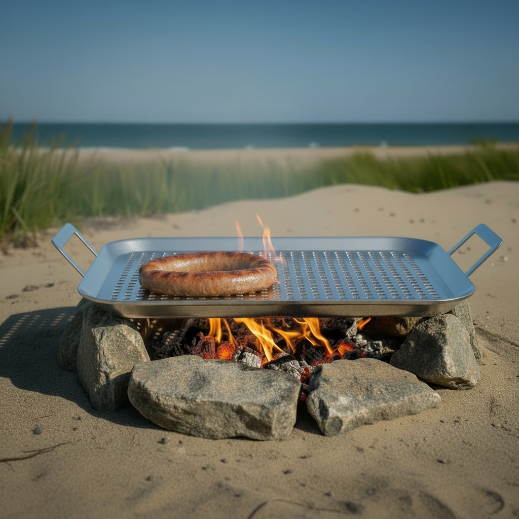 Set of 2 Stainless steel BBQ trays at the beach.