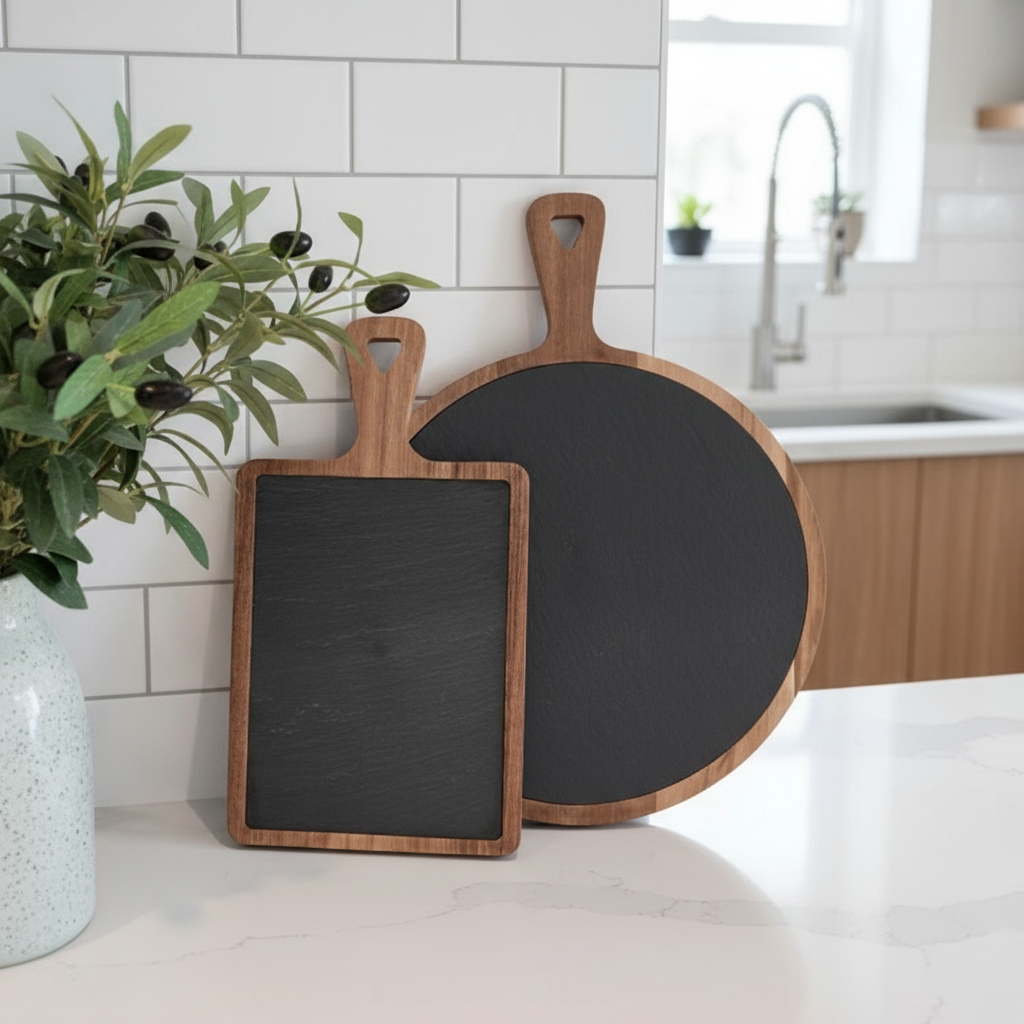 Acacia boards with slate for chalk board