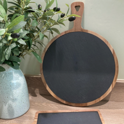 Acacia wood food presentation paddle board with slate tray inlay. 2 designs