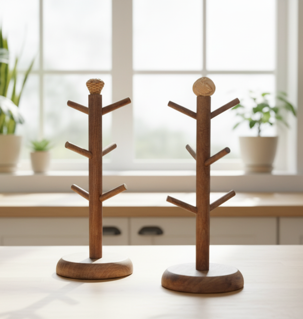 Two wooden jewelry tree stands on a light surface with a blurred indoor background.