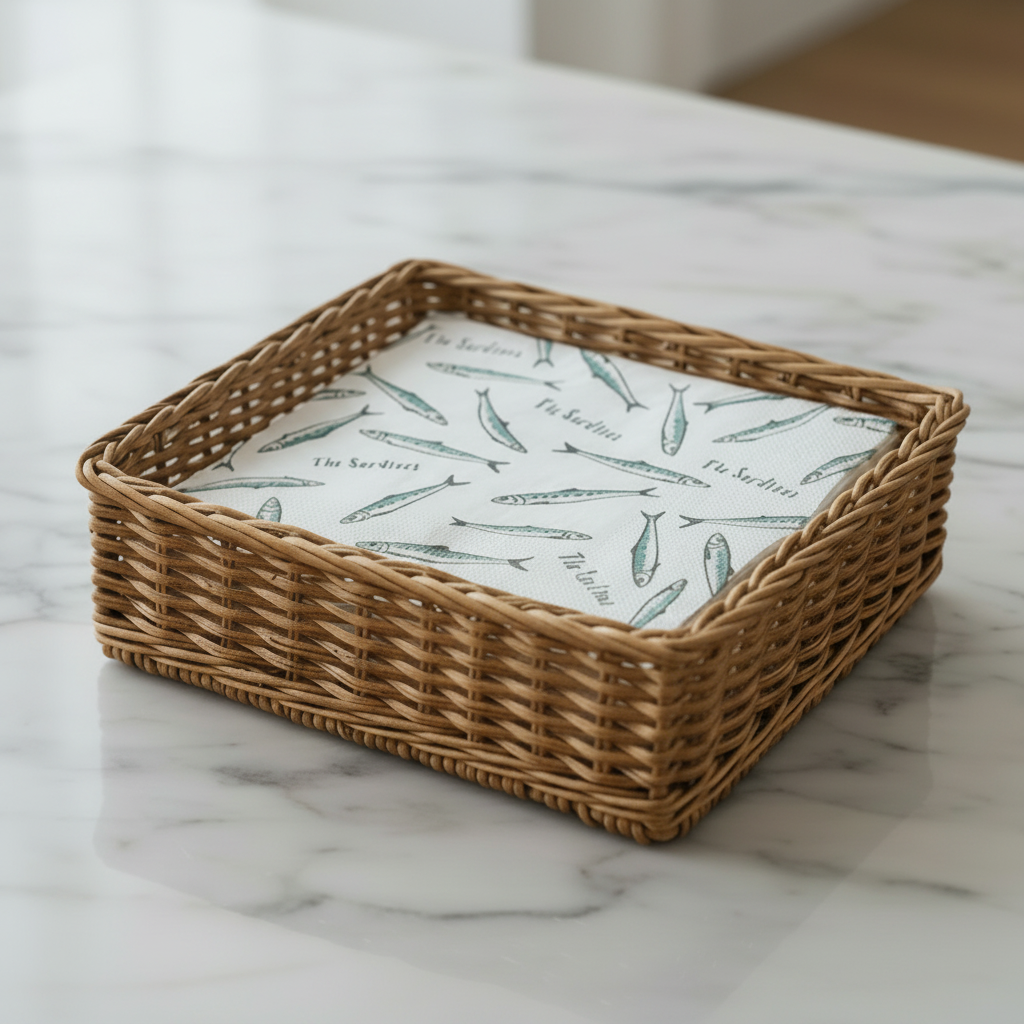 Napkin with sardine pattern and 'Boutze Home' branding on a white background