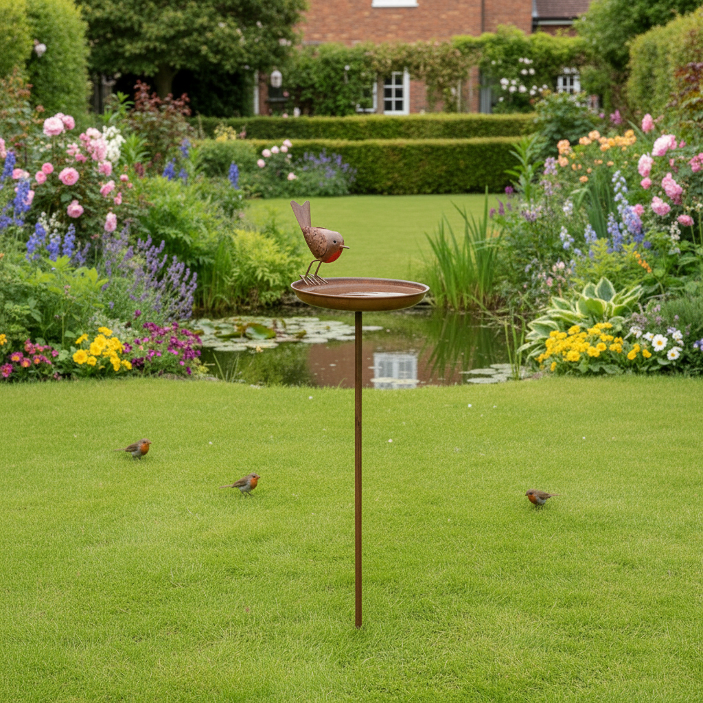 Decorative bird bath with a bird figurine on a white background
