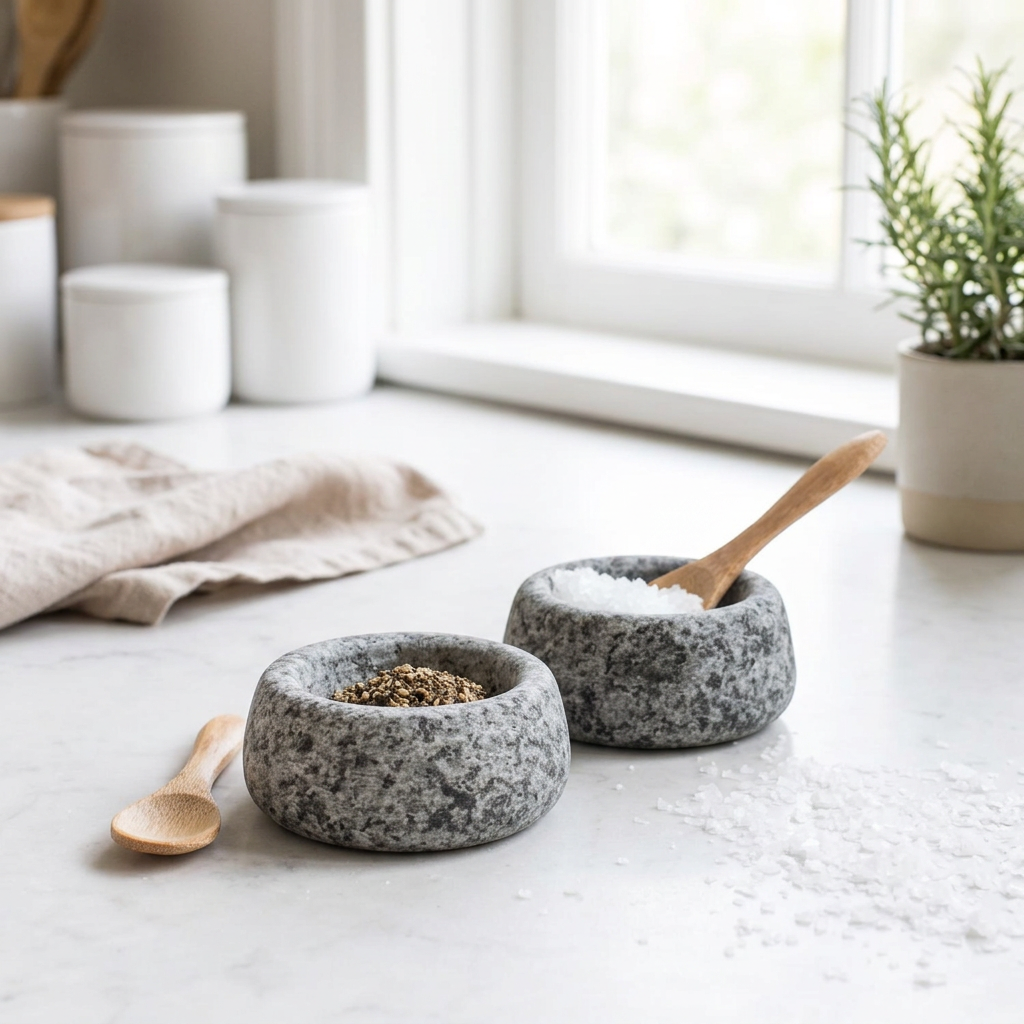 Two round gray stone salt and pepper mills with small wooden spoons, one filled with coarse salt and the other with black pepper, on a light marble surface.