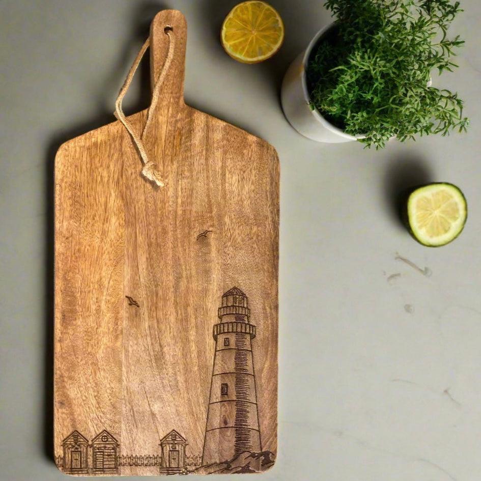 Solid Mango Hand Made Lighthouse Etched Chopping Board with limes