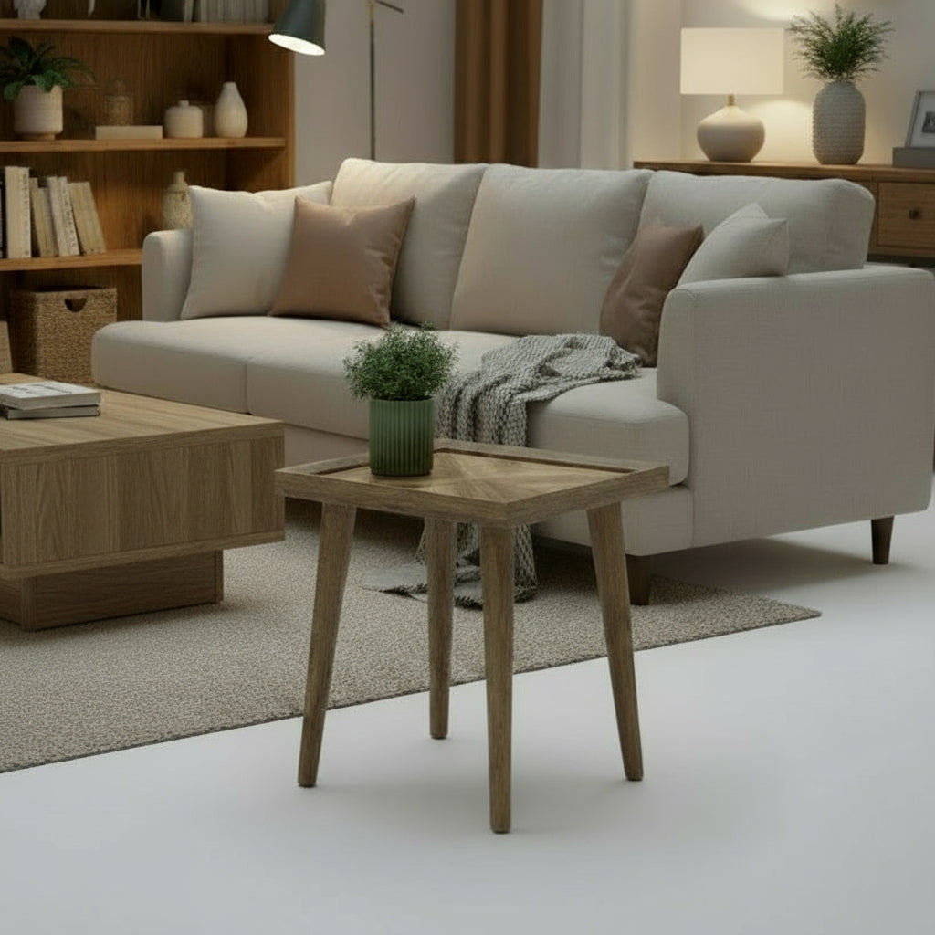 Wooden side table with a geometric pattern on a neutral background