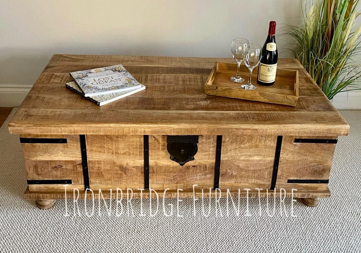 Size 4 Extra large rustic rough cut Mango wood trunk on feet - with wine and books on top