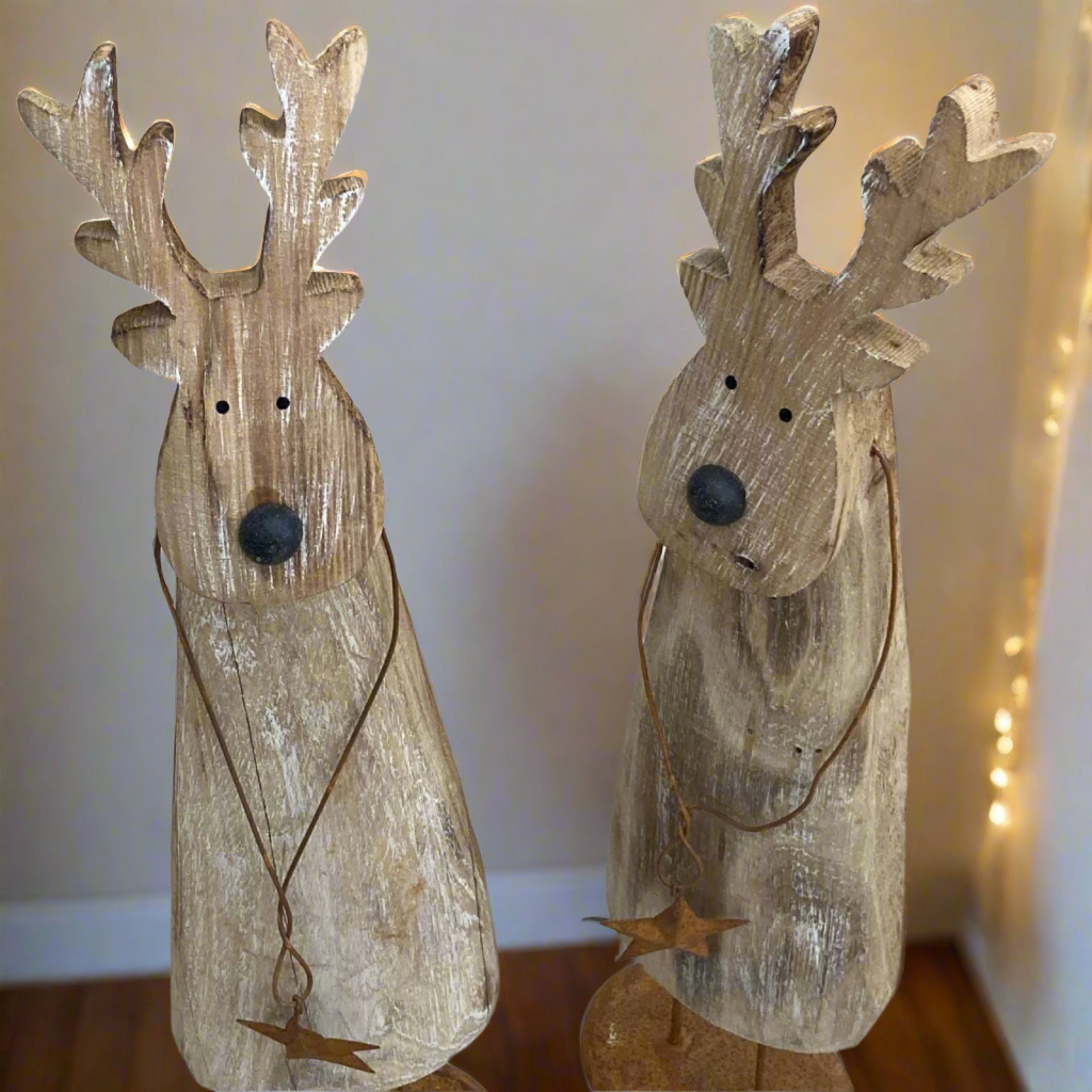 Floor standing reindeer decoration - wood with metal detail. Lit.