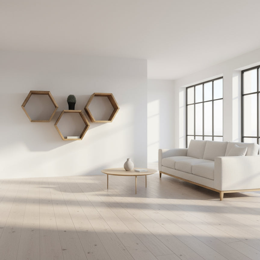 Hexagonal Mango wood floating wall shelves mounted on grey brick wall.