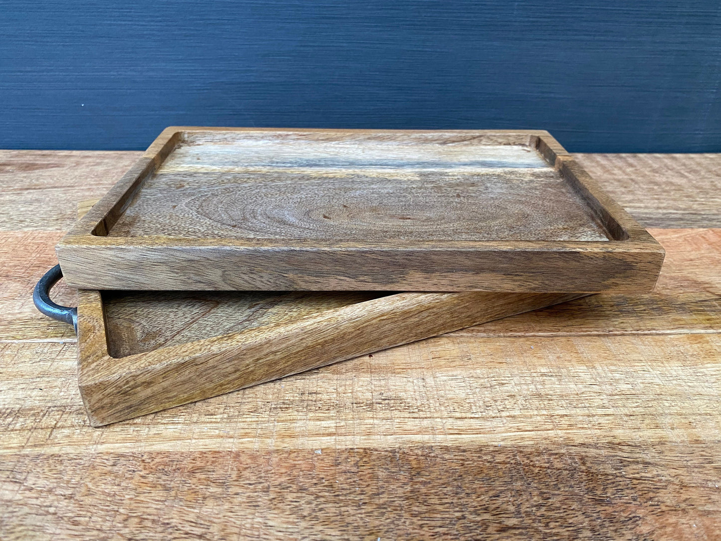 Mango wood mini tray with iron handles, or plain as in photo