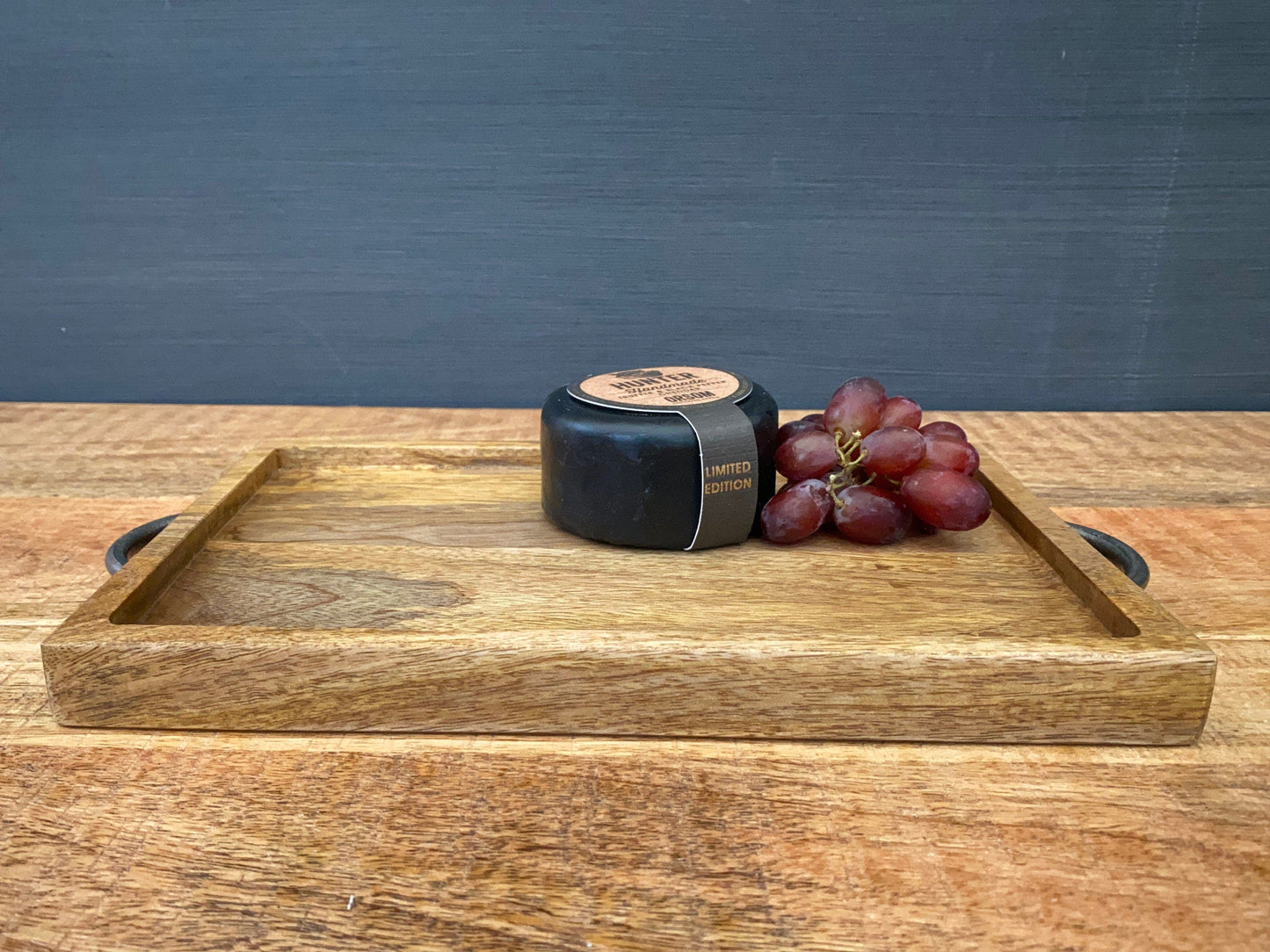 Mango wood mini tray with iron handles with cheese and grapes