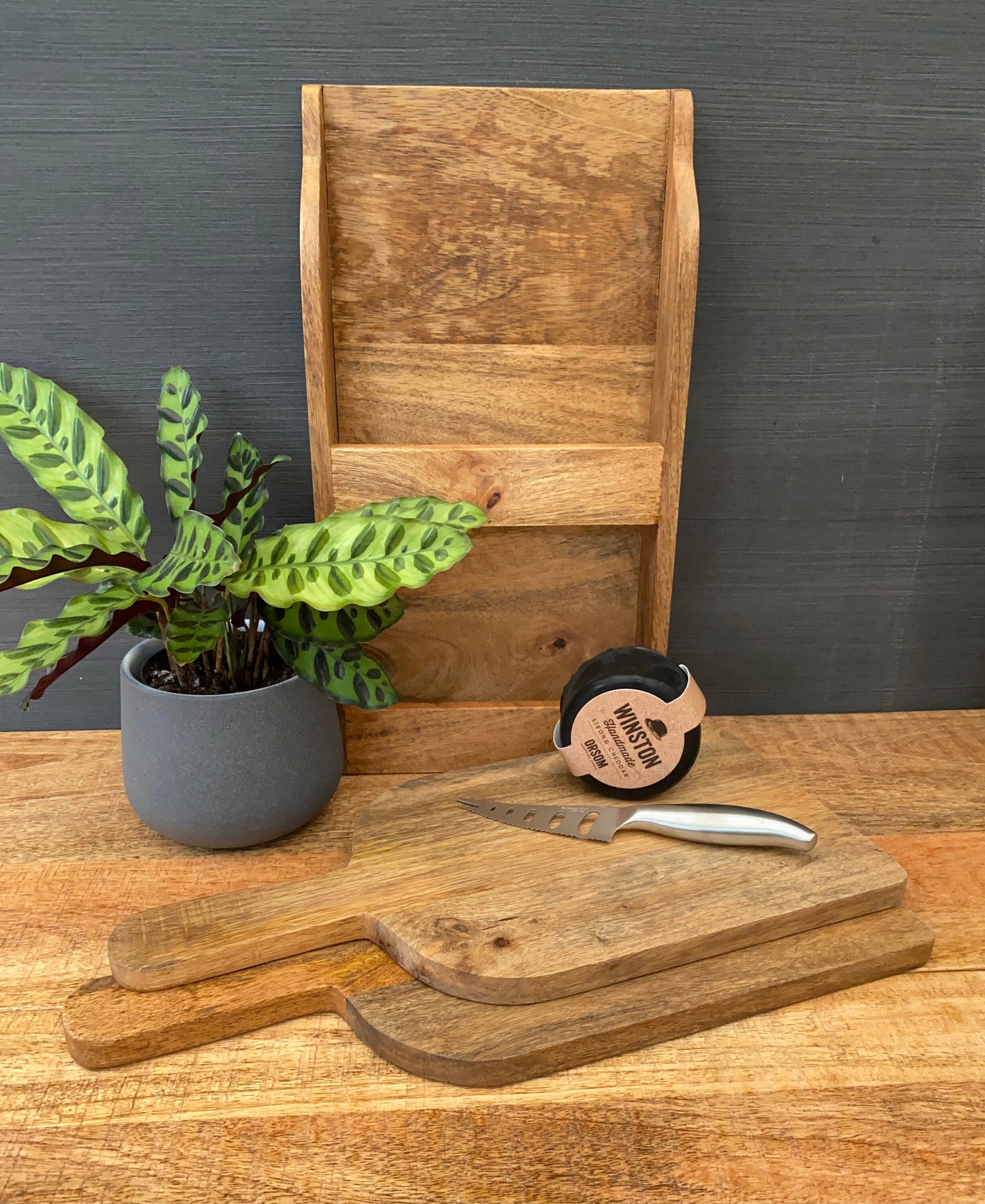 Set/2 Mango wood chopping boards with wall mountable holder. Shown with a plant.