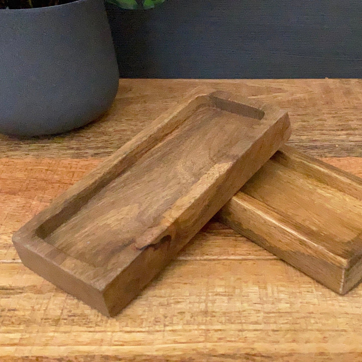 Mango wood condiment tray, mill rest or box. Two trays leaning on each other.