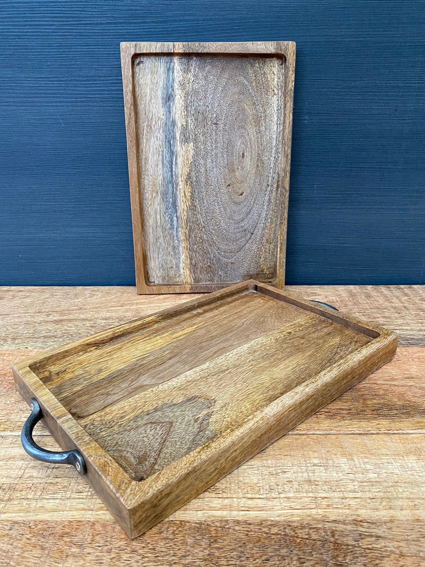 Mango wood mini tray with iron handles bare