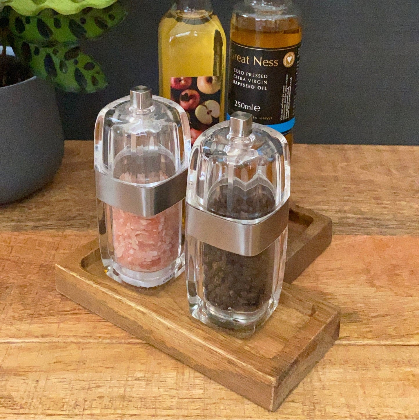 Mango wood condiment tray, mill rest or box. Full tray from an angle.