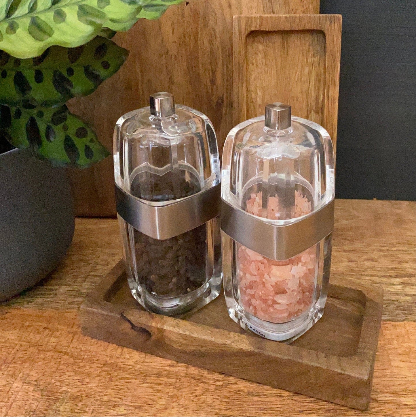 Mango wood condiment tray, mill rest or box. Single tray with salt and pepper.