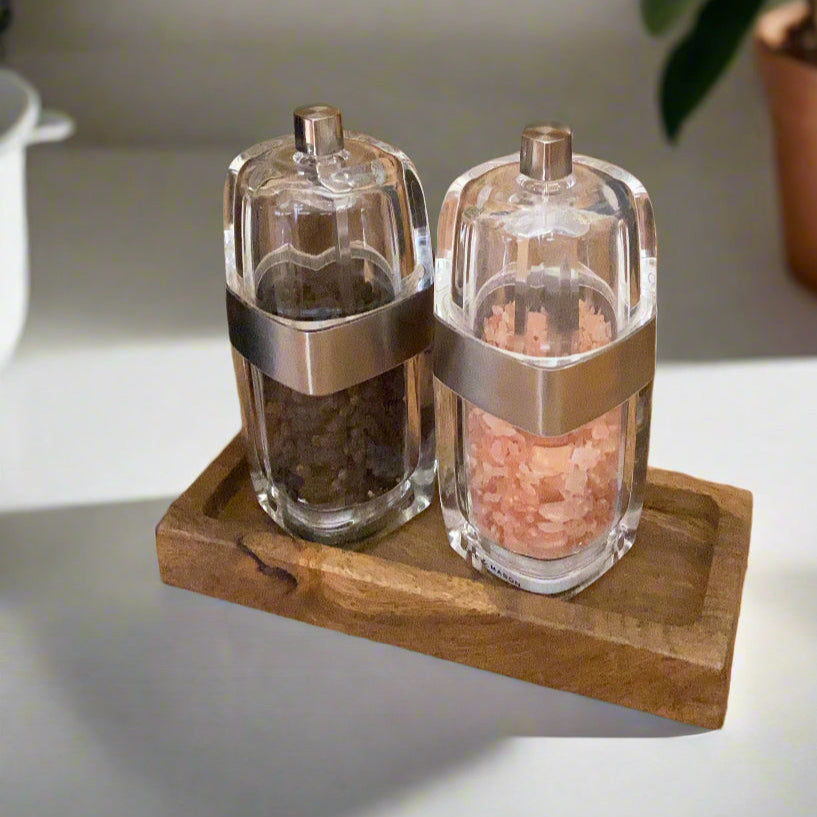 Mango wood condiment tray, mill rest or box. Salt and pepper.