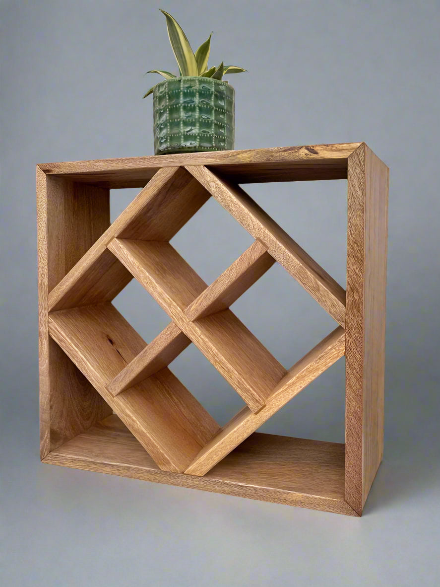 Mango wood 8 bottle wine and champagne rack storage. Shown with plant.