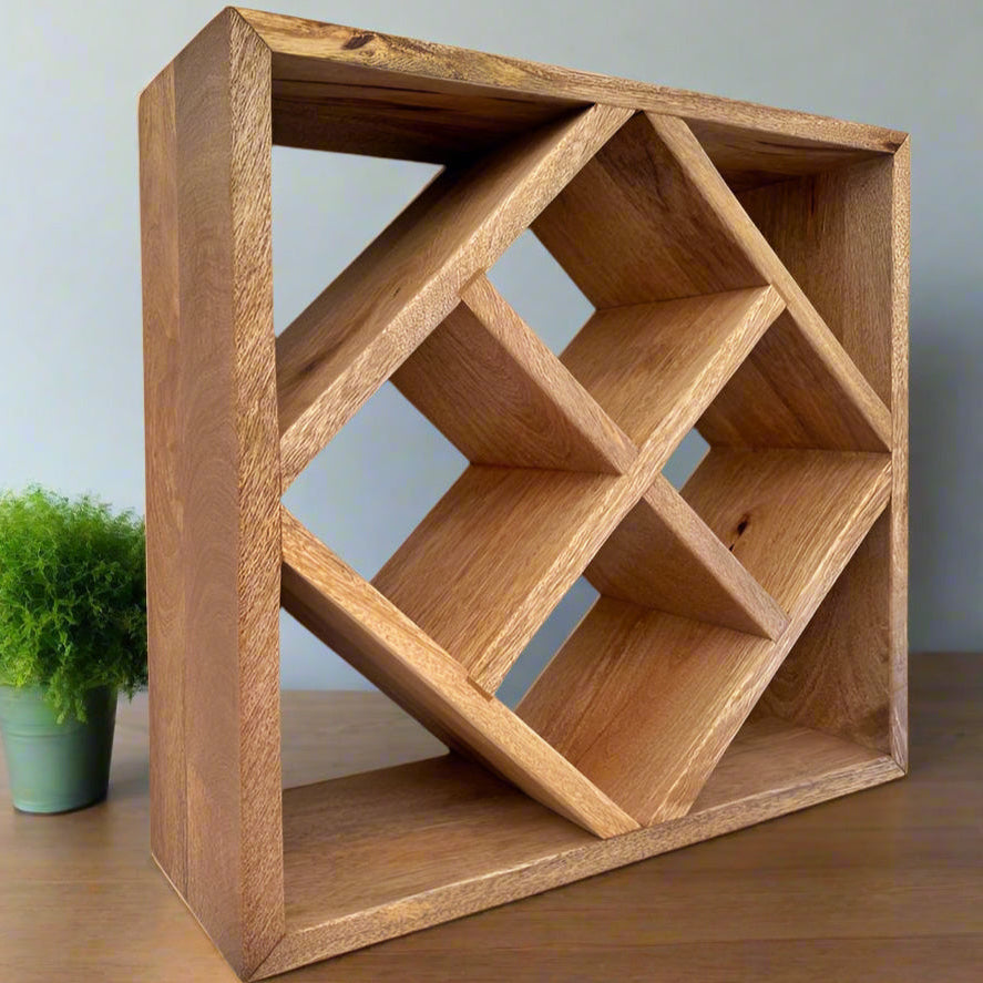 Mango wood 8 bottle wine and champagne rack storage. From an angle.