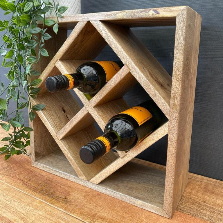 Mango wood 8 bottle wine and champagne rack storage. Shown with bottles.