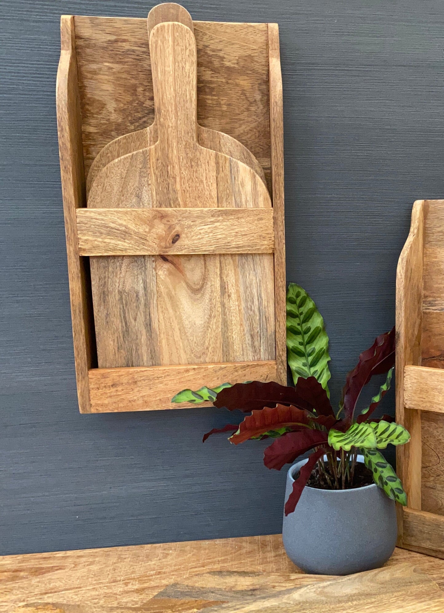 Set/2 Mango wood chopping boards with wall mountable holder. Mounted on wall next to plant.