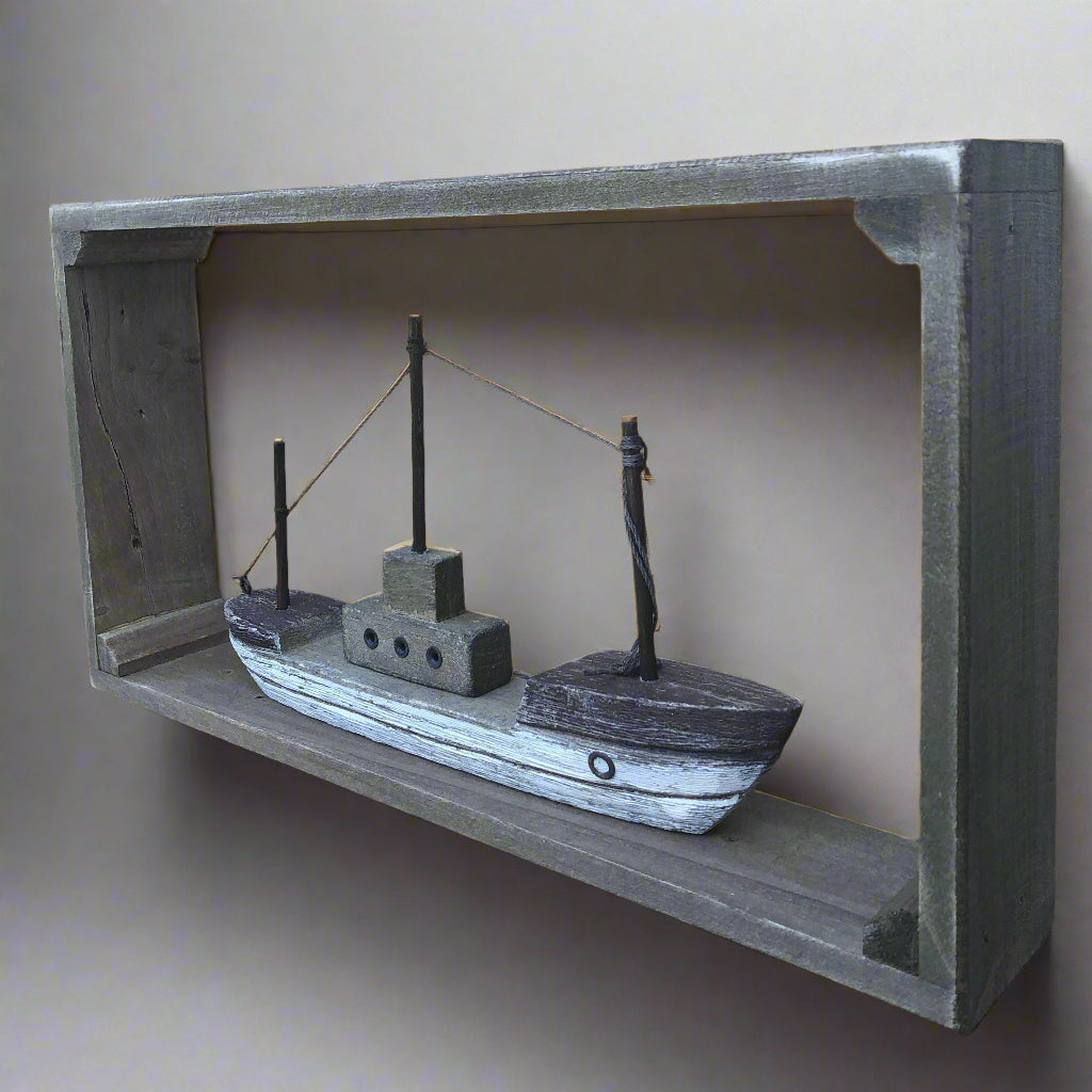 Rustic wood framed boat - shelf sitting decoration