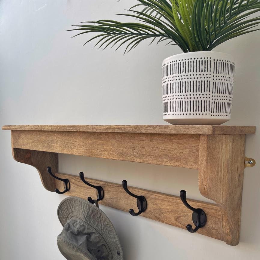 Mango wood 4 hook hat and coat rack with shelf - 80cm angle with accessories