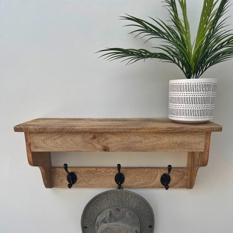 Mango wood 3 hook hat and coat rack with shelf, looking from the front