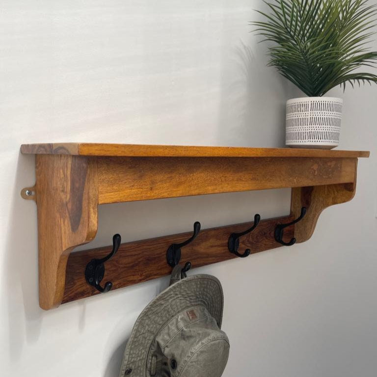 Sheesham wood 4 hook hat and coat rack with shelf. Side on.