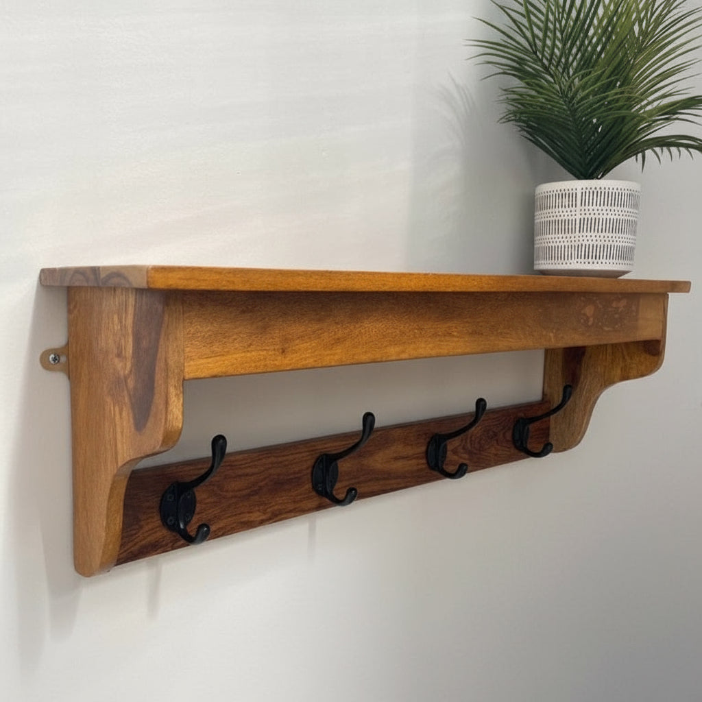 Sheesham wood 4 hook hat and coat rack with shelf. Side on.
