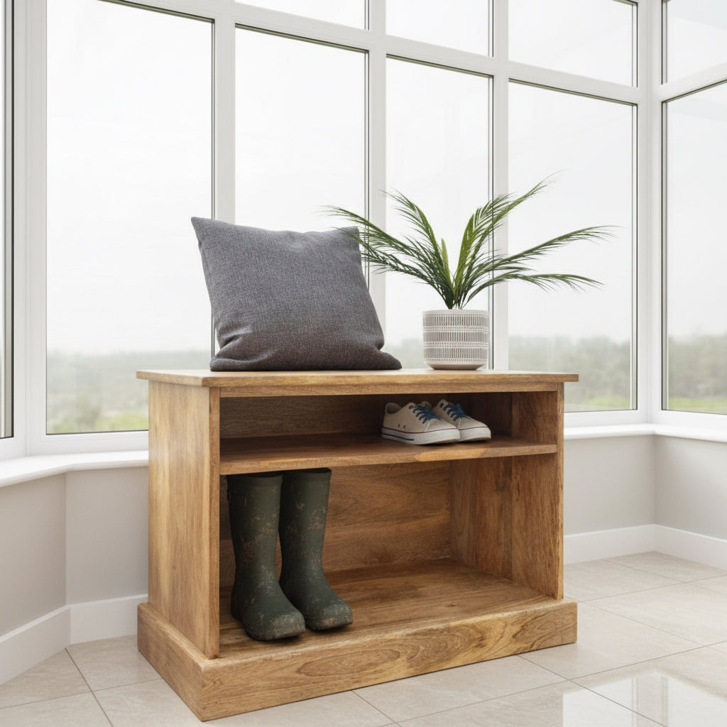 MANT-510 Solid Mango wood shoe storage bench, 74cm wide from the front