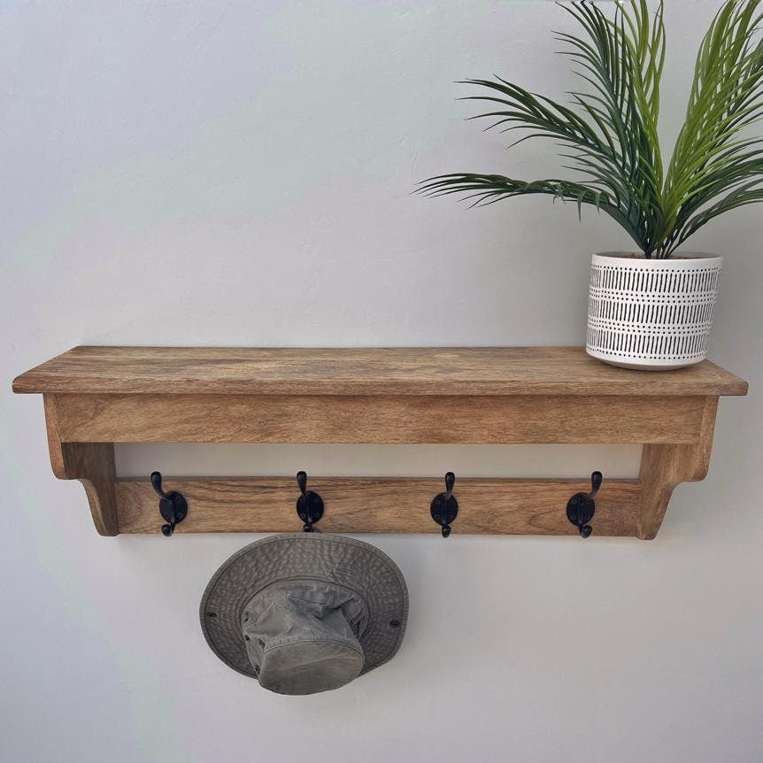 Mango wood 4 hook hat and coat rack with shelf - 80cm from the front