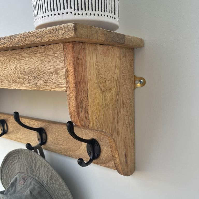 Mango wood 3 hook hat and coat rack with shelf, close up