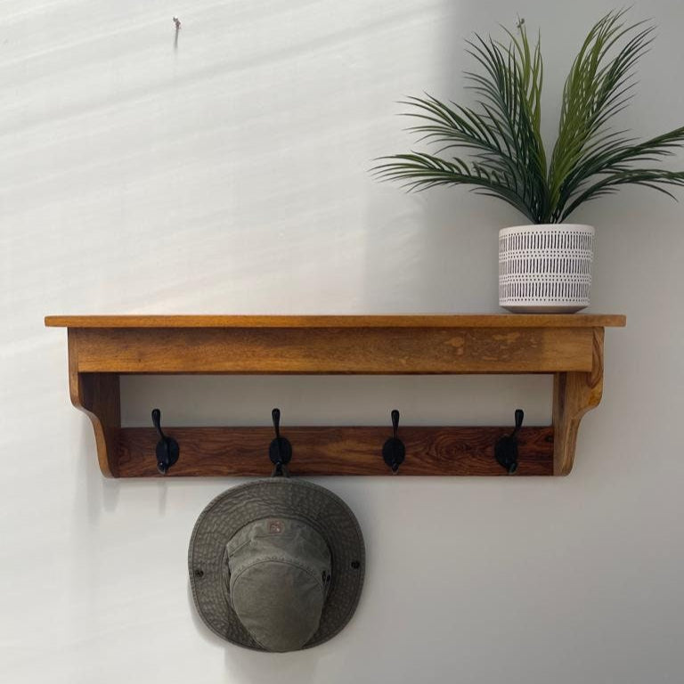 Sheesham wood 4 hook hat and coat rack with shelf. Front on.