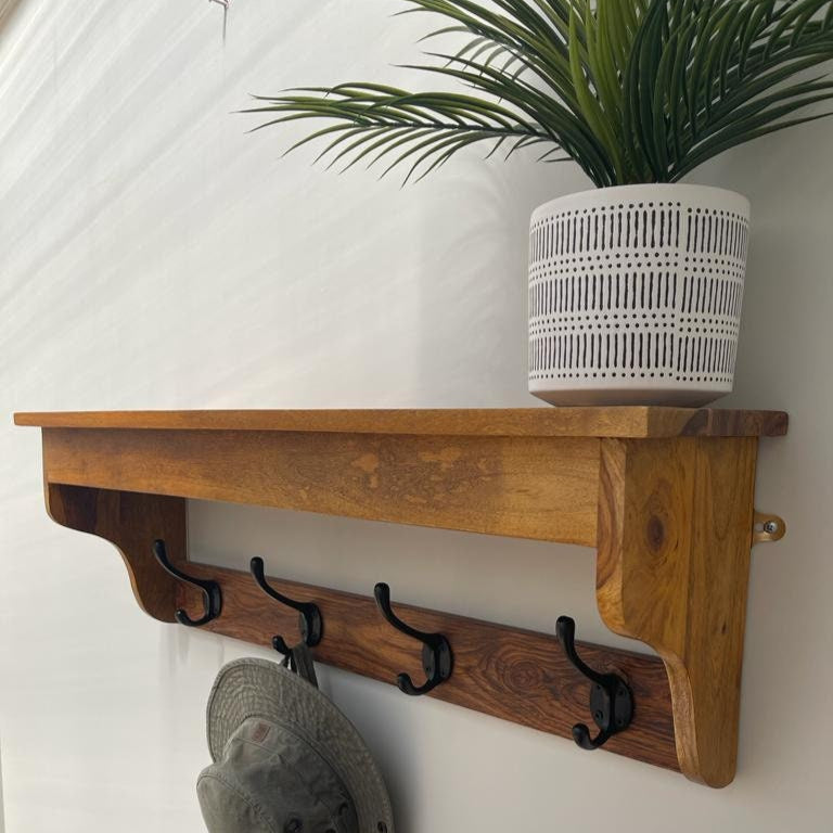 Sheesham wood 4 hook hat and coat rack with shelf.