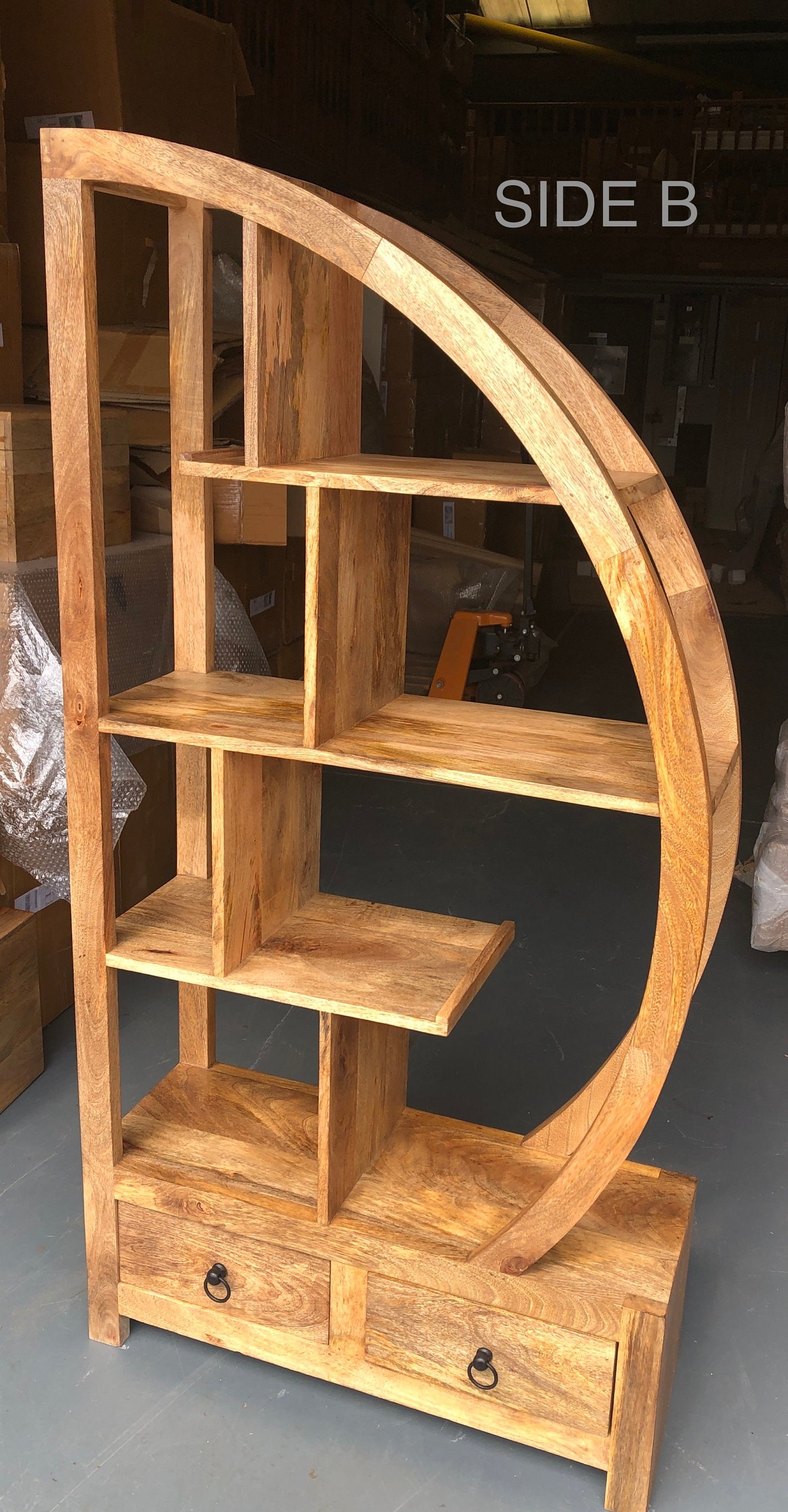 Mango wood arched room divider with drawers. 2 designs. Side B.