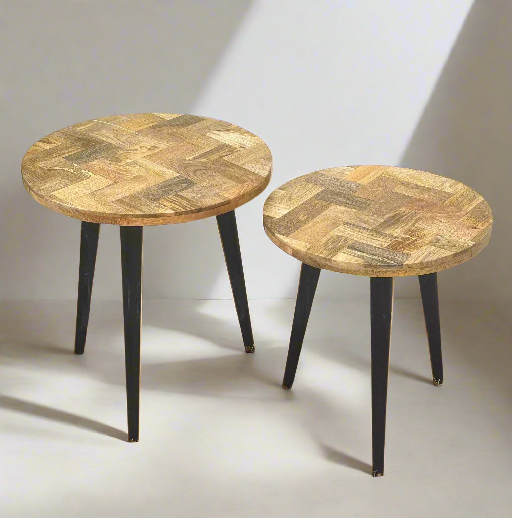 IMANT-002 Nest of 2 round Mango Parquet side tables with removable legs