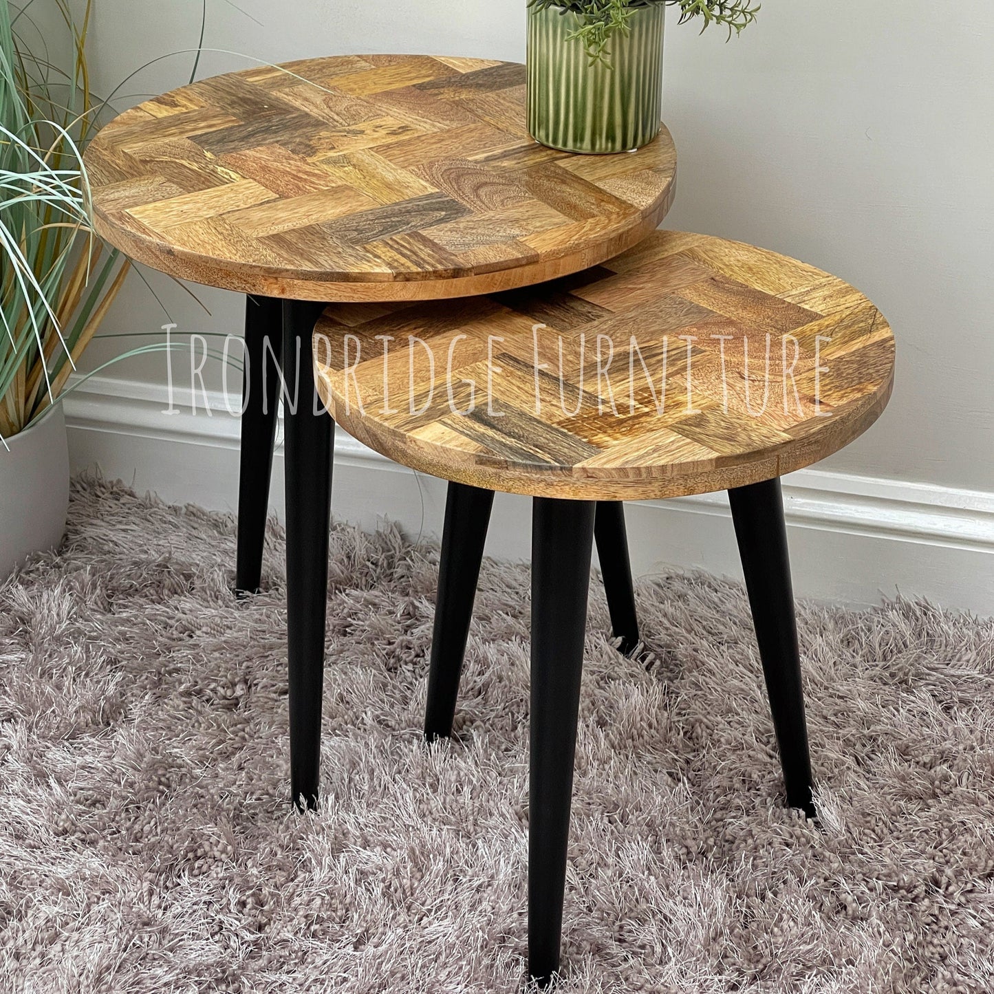 IMANT-002 Nest of 2 round Mango Parquet side tables as a nest