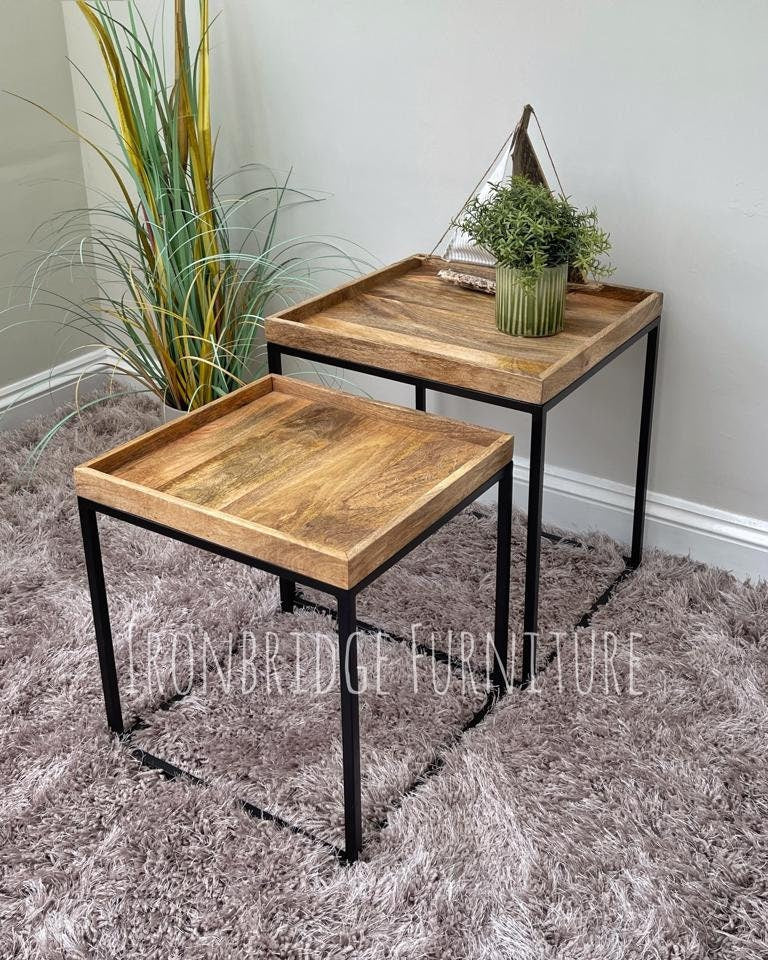 IMANT-001 Pair of square tray topped side tables in Mango wood shown seperated