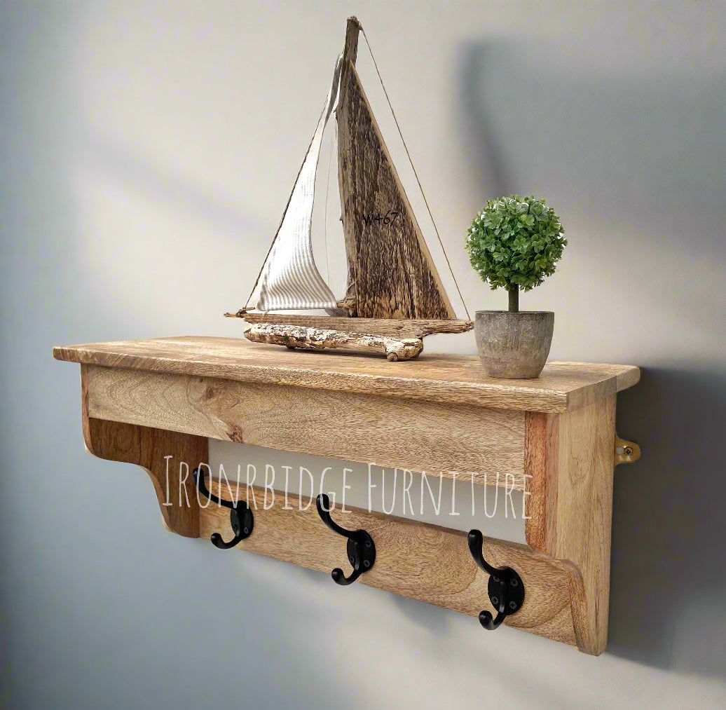 Mango wood 3 hook hat and coat rack with shelf